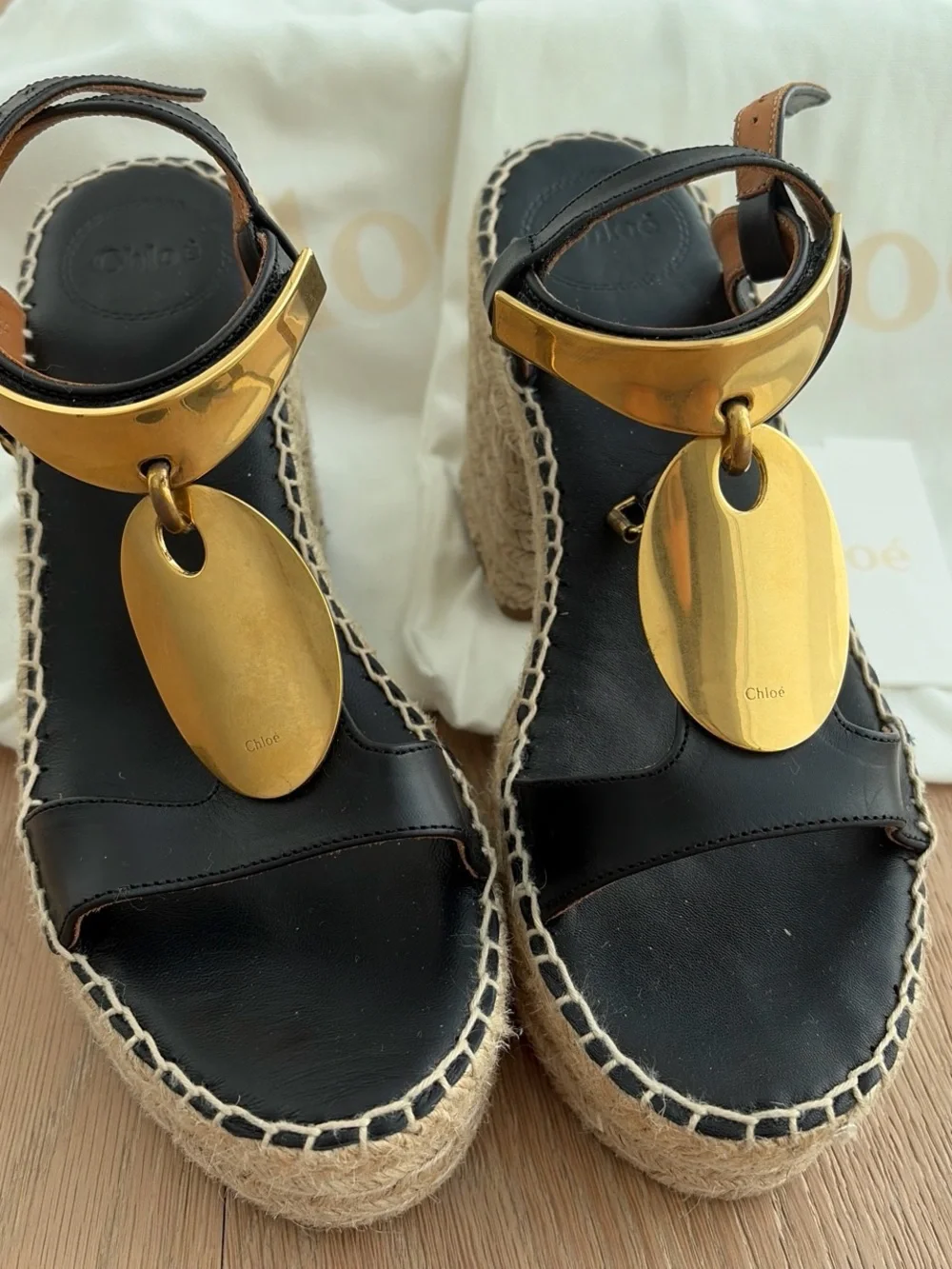 Chloé Black Leather Espadrille Sandals with Gold-Tone Oval Charms